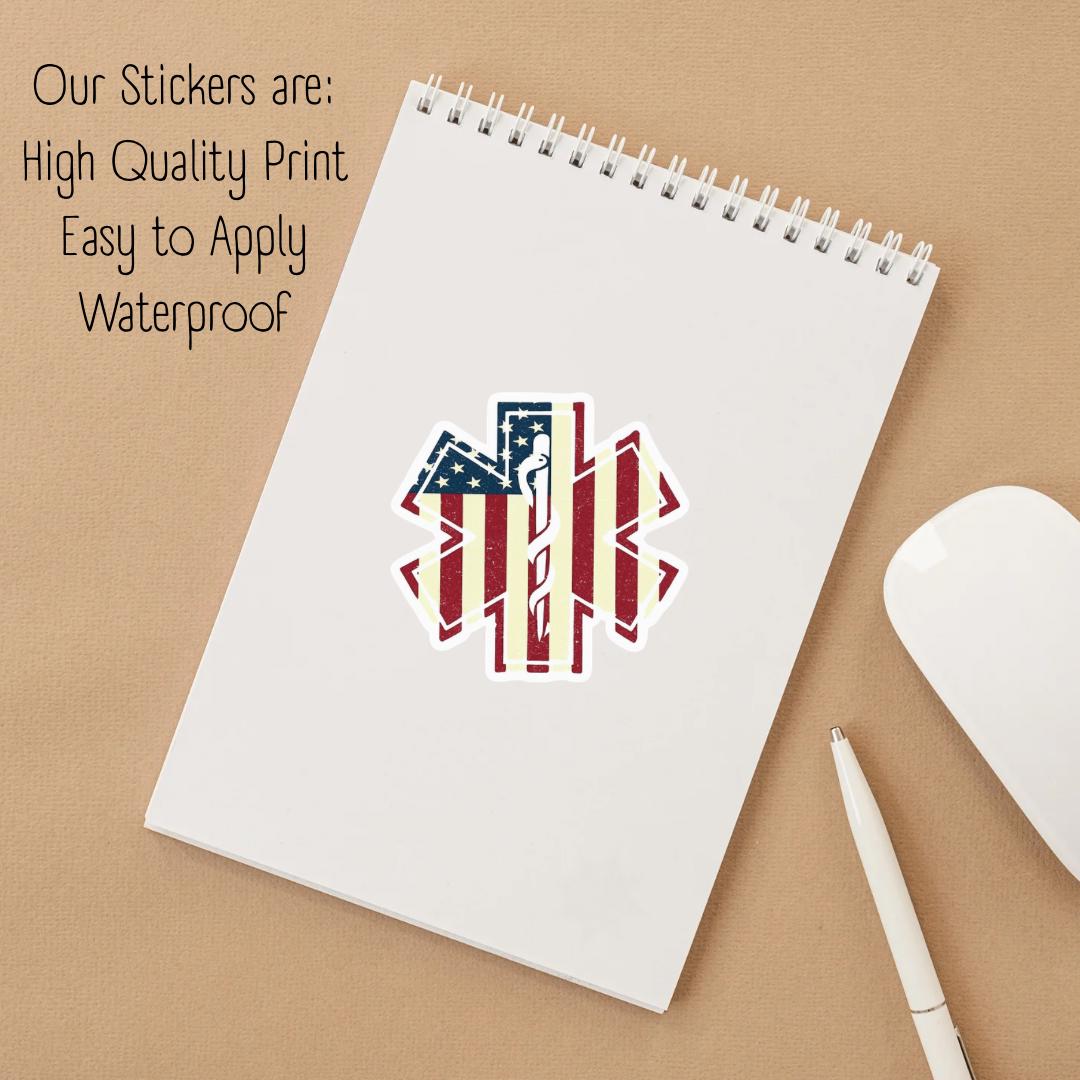 Patriotic EMS Star of Life Vinyl Sticker: Distressed American Flag, EMT/Paramedic, Waterproof